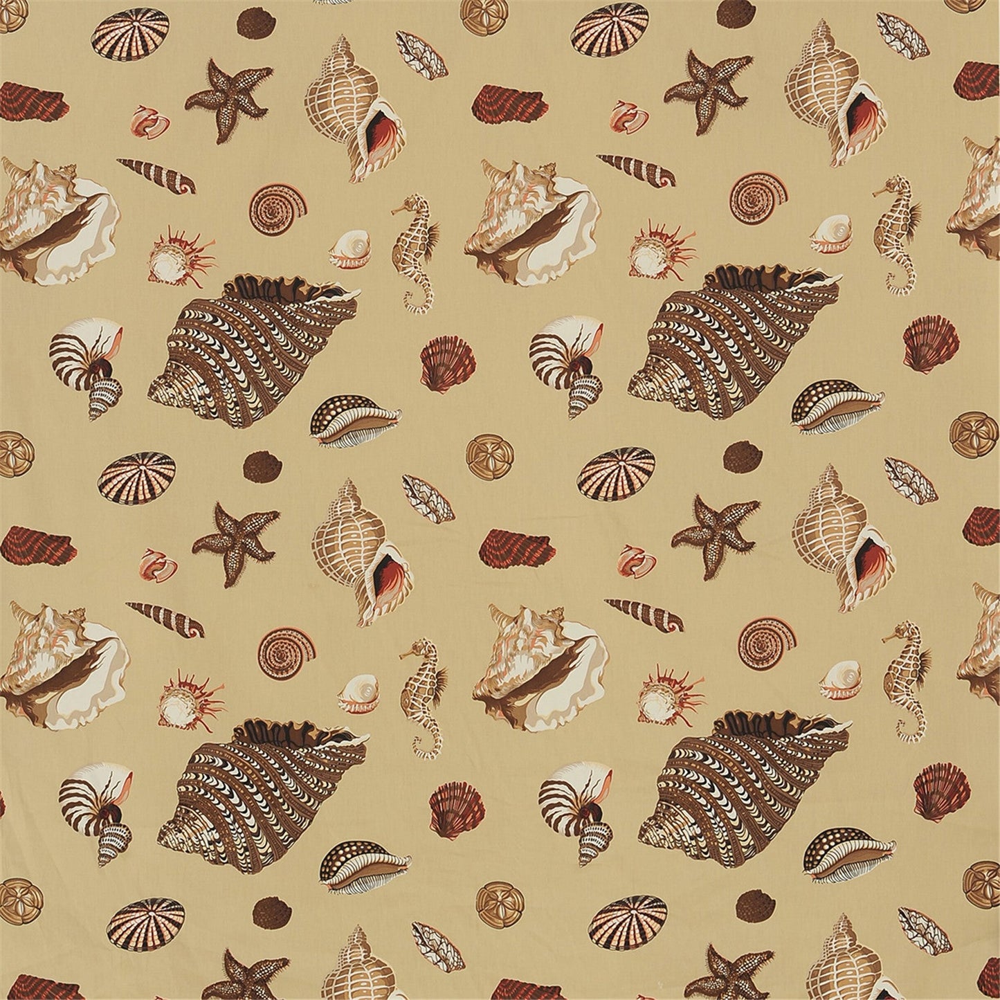 Coastal Seashell & Seahorse Fabric, Brown and Beige Marine Print