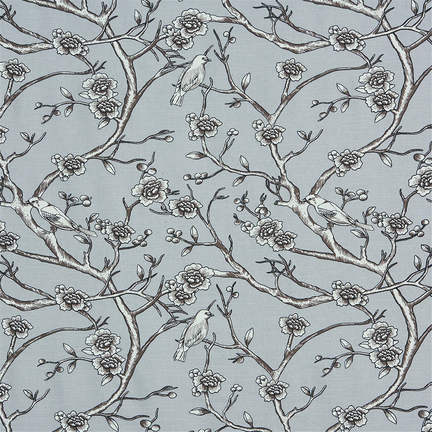 Elegant Chinoiserie Bird and Floral Cotton Fabric - Light Grey & Sepia