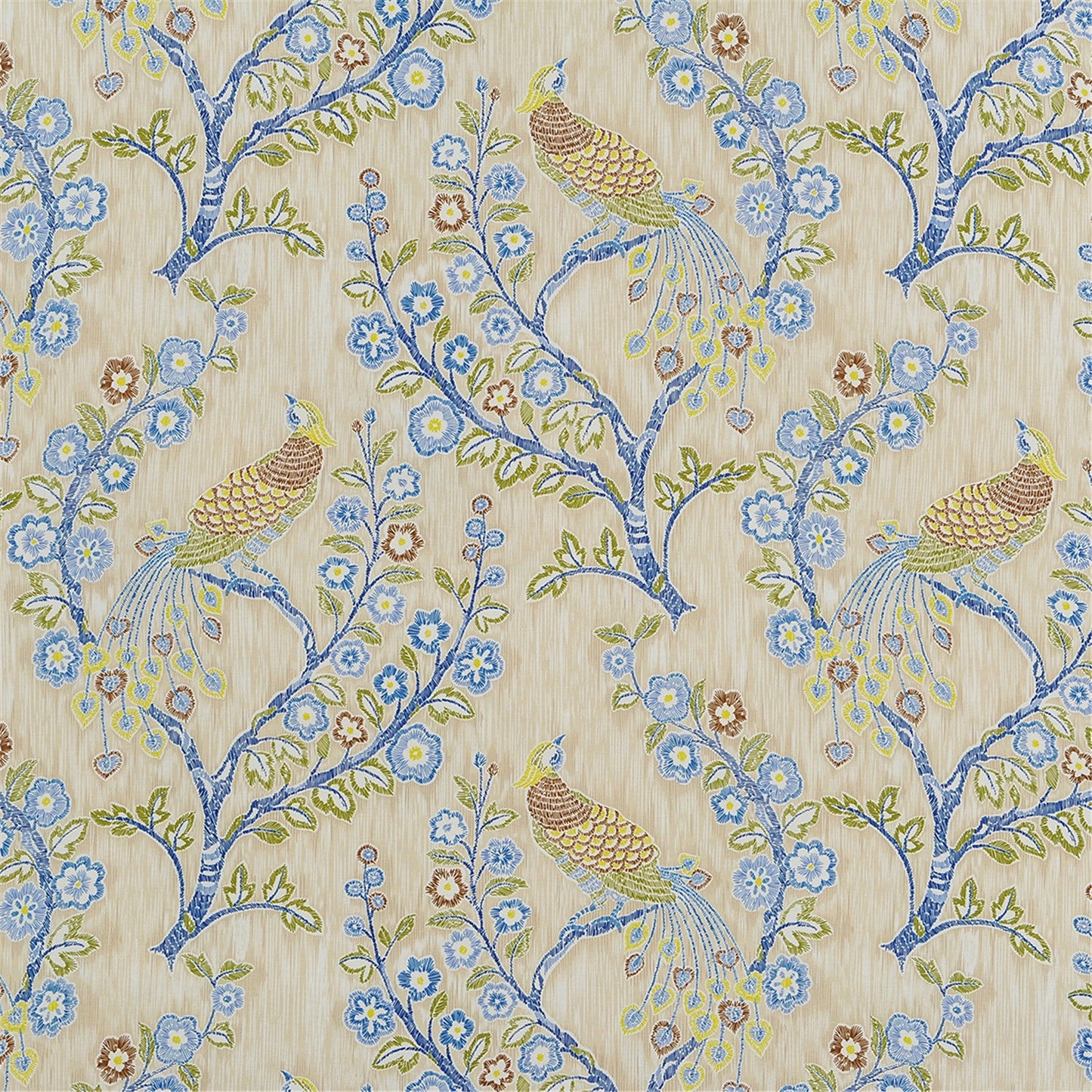 Regal Peacock & Chinoiserie Floral Fabric - Blue & Gold Tapestry Print