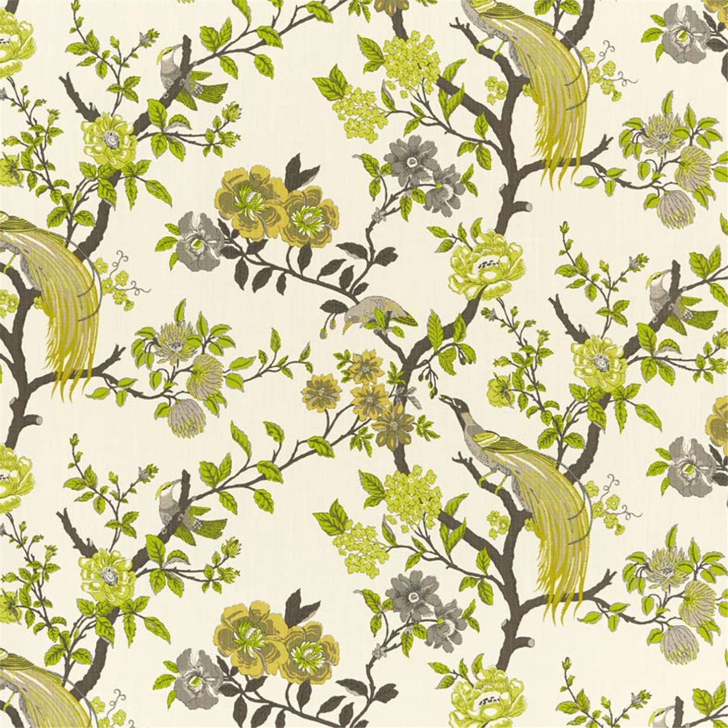 Vibrant Lime & Charcoal Chinoiserie Fabric | Elegant Floral and Exotic Bird Pattern | Upholstery & Curtain Material