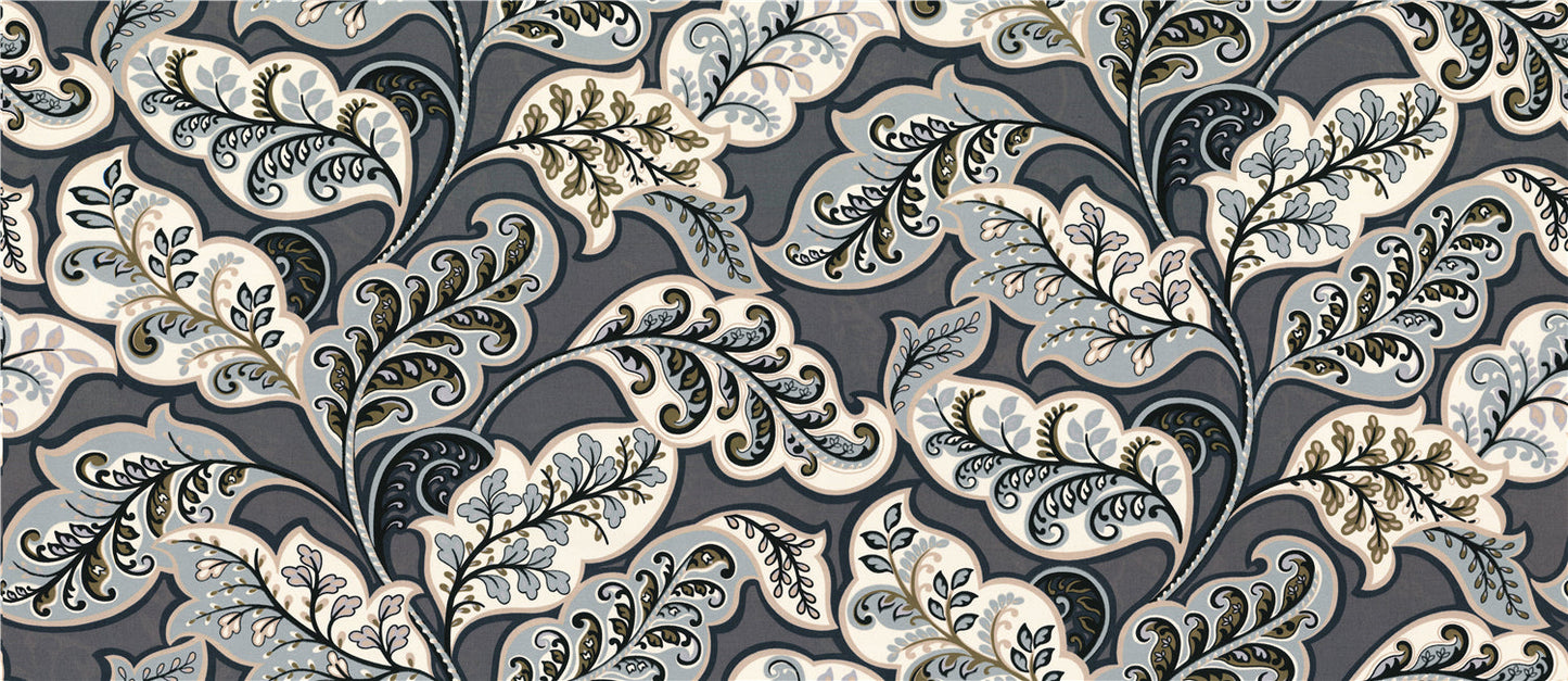 Classic Jacobean Floral Fabric - Charcoal Grey & Blue Grey Leaf Pattern