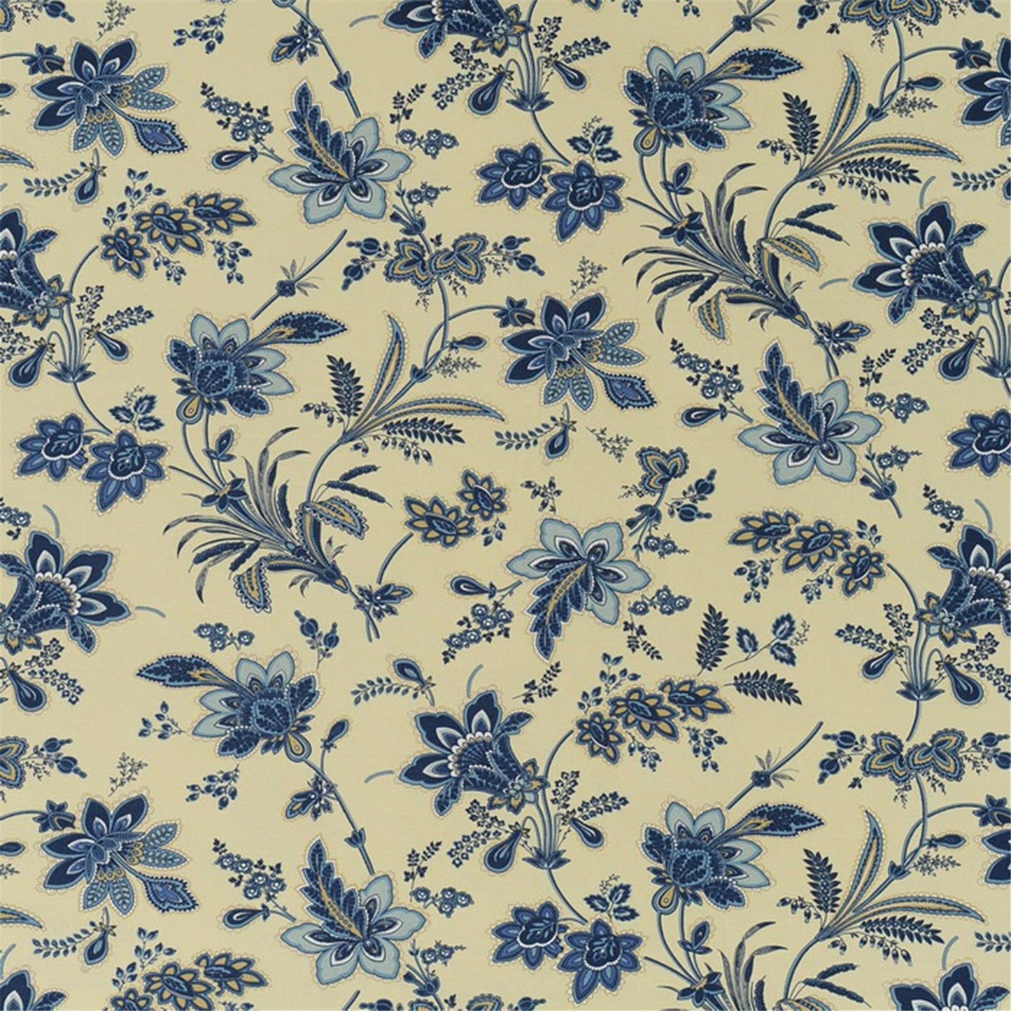 Classic Blue Floral & Vine Chintz Fabric on Cream – Vintage Style Upholstery & Curtain Material