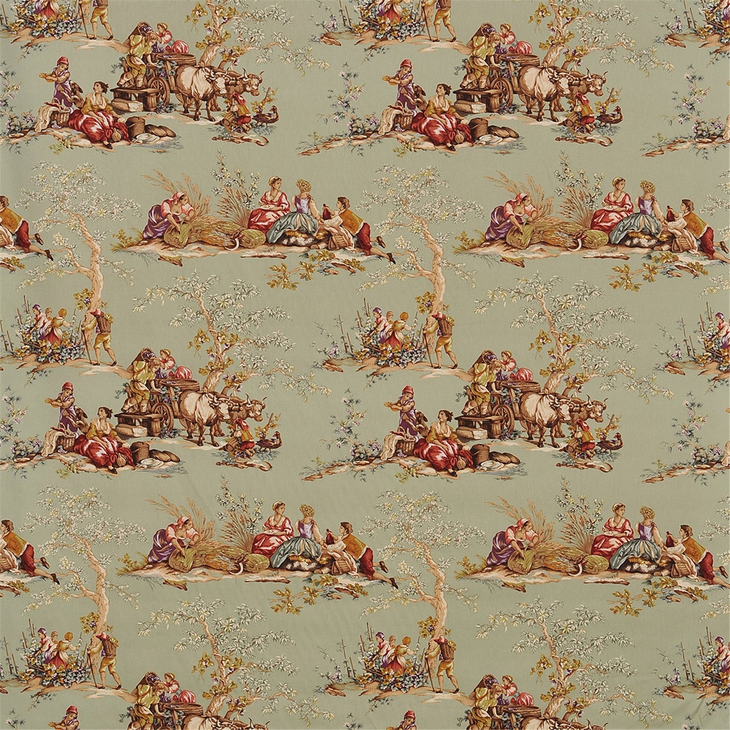Classic Sage Green Toile de Jouy Fabric - French Pastoral Scene Upholstery & Drapery