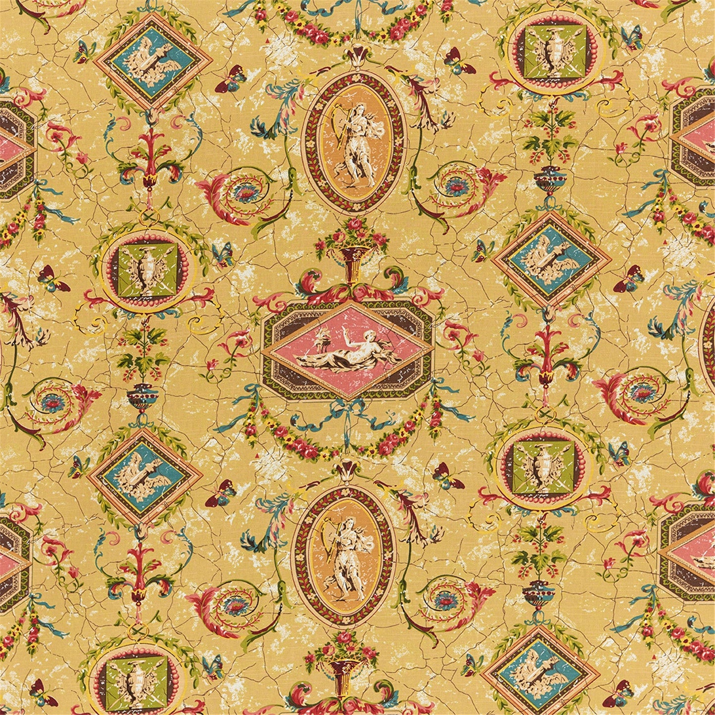 Antique Gold French Toile de Jouy Style Fabric with Classical Figures & Garlands