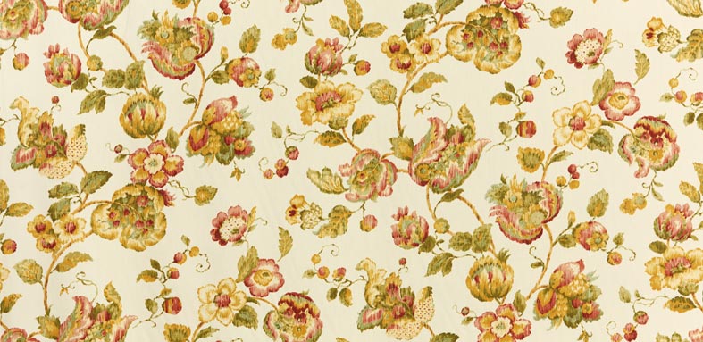 Vintage Chinoiserie Floral Fabric - Cream Background with Crimson and Gold Blooms