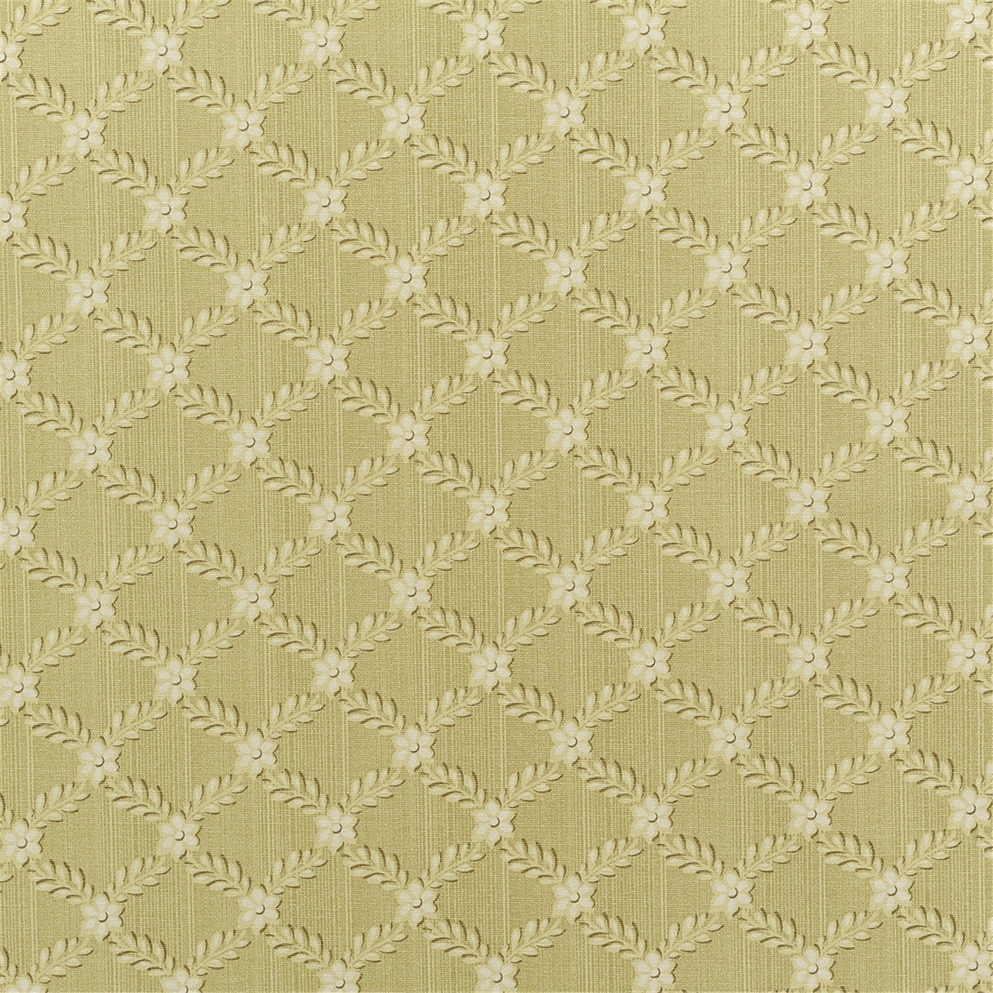 Sage Green Woven Trellis Fabric with White Floral Accent - Traditional Cottage Upholstery/Craft Material