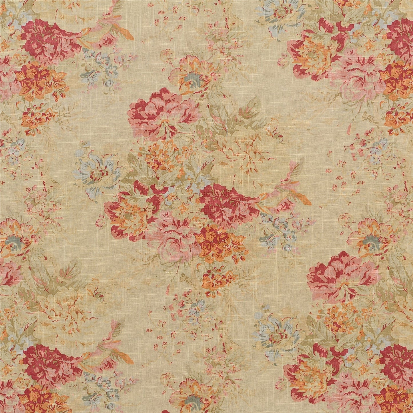 Chic Shabby Floral Print Linen Blend Fabric - Vintage Rose & Peony Design