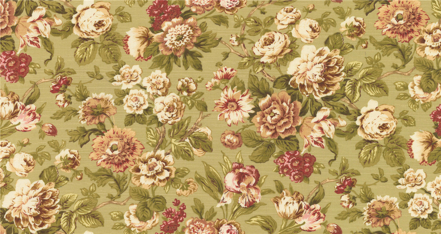 Vintage French Country Floral Fabric in Olive Green and Rose