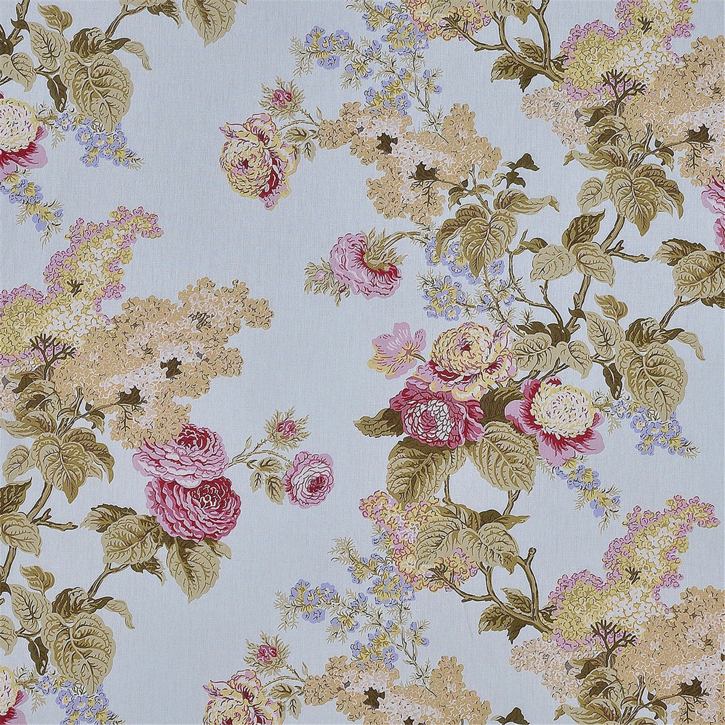 Vintage English Garden Floral Fabric - Romantic Rose & Hydrangea Print on Light Blue/Grey