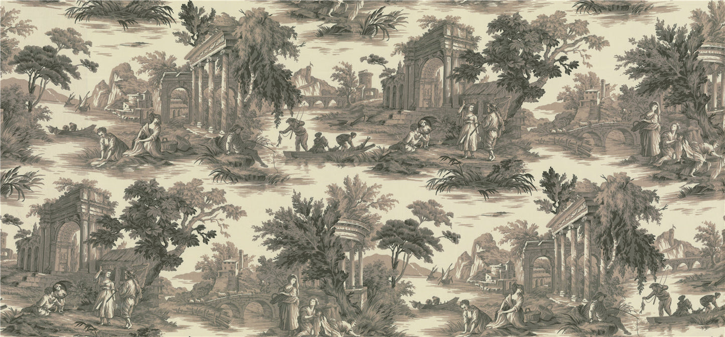 Classical Roman Ruins Toile de Jouy Fabric - Sepia / Taupe Historical Print