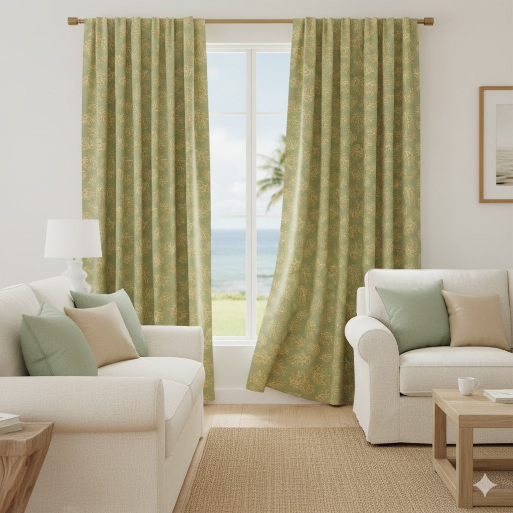 Sage Green Coastal Coral Blackout Curtains - Tropical Sea Branch Print Panel