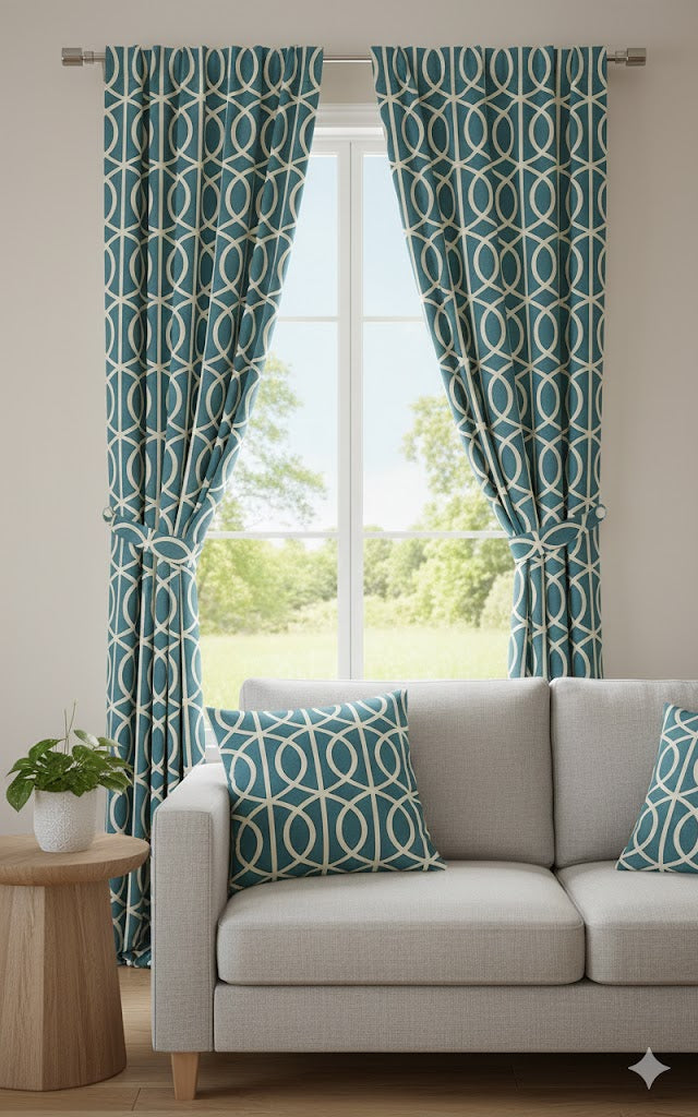 Teal Blue Geometric Ogee Grommet Curtain Panel - Modern Interlocking Pattern Drapery