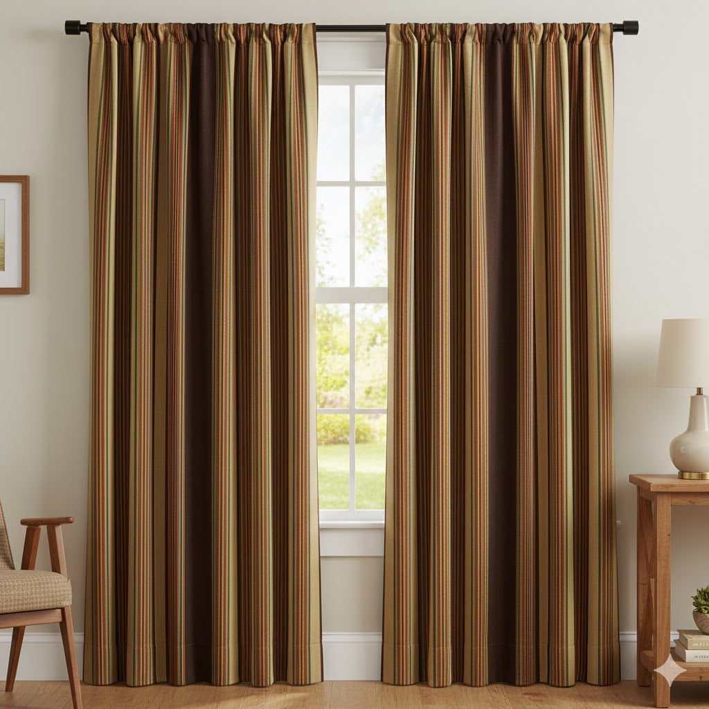 Rustic Autumn Stripe Blackout Curtains – Rod Pocket Drapes in Brown, Beige, and Deep Burgundy Tones
