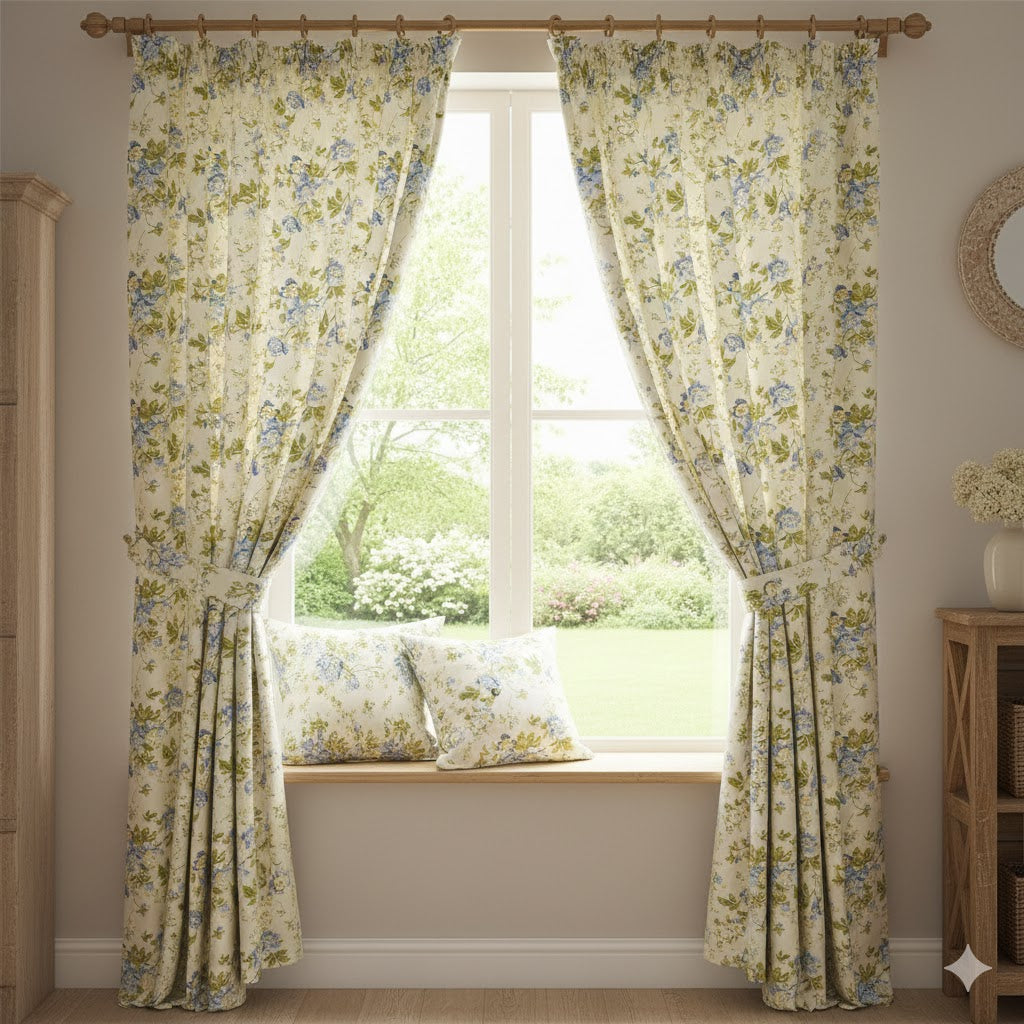 Shabby Chic Blue Peony Floral Curtains - French Country Cottage Window Panels