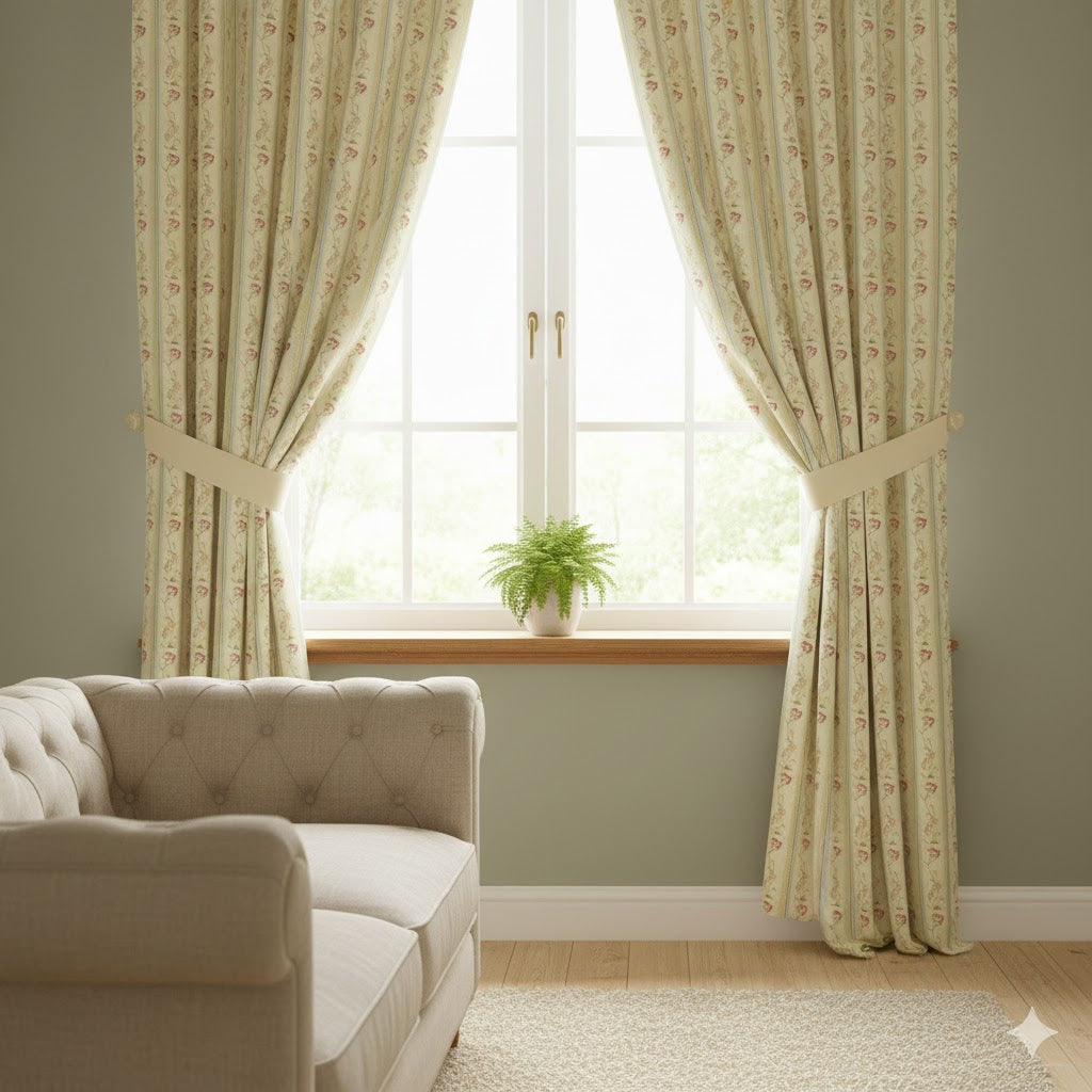Classic Country Cottage Floral Stripe Window Curtains | Chintz Style Drapes