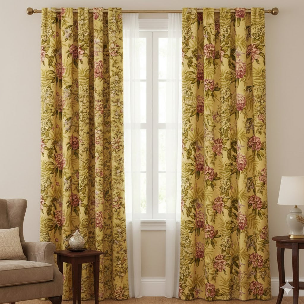 Vintage Botanical Print Curtains - Yellow Peony & Fern Room Darkening Drapes