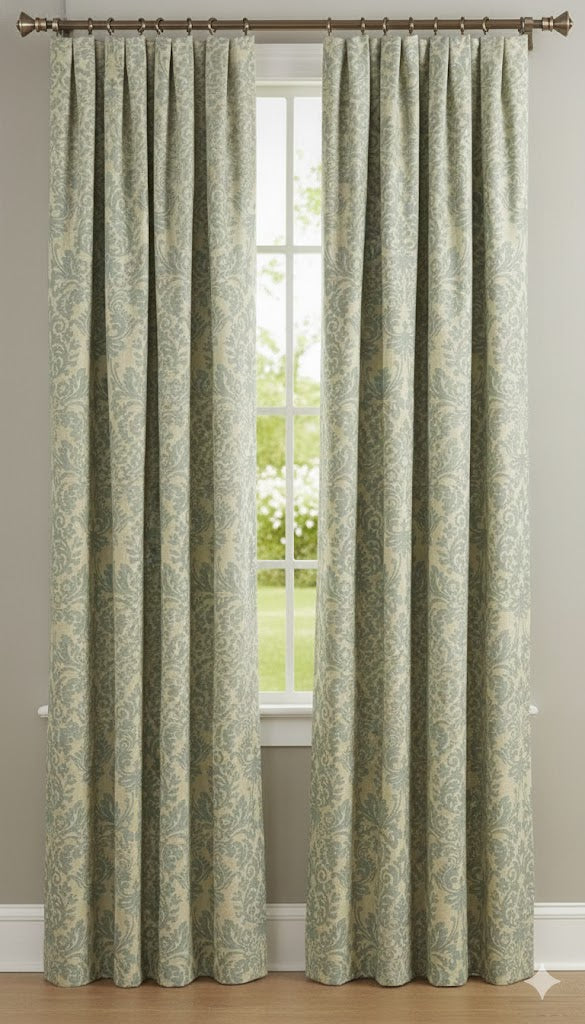Elegant Sage Green & Cream Damask Pleated Curtains - Classic Linen Look