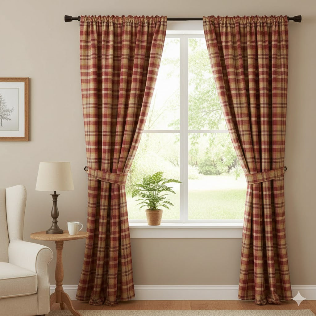Warm Red & Tan Plaid Rod Pocket Curtains - Classic Tartan Check Window Panels for Country/Rustic Home Decor