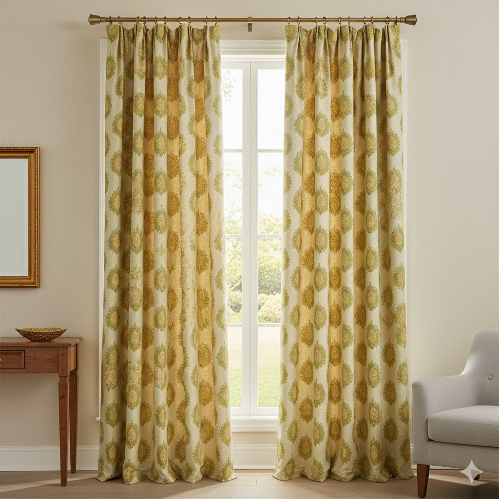 Luxury Baroque Ogee Pattern Curtains | Chartreuse Green Living Room Drapery