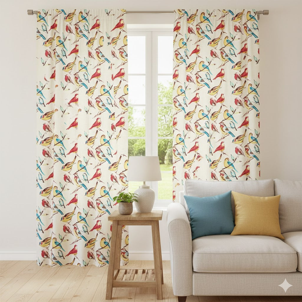 Vibrant Watercolor Songbird Curtains - Red, Yellow & Blue Bird Print Drapery Panel