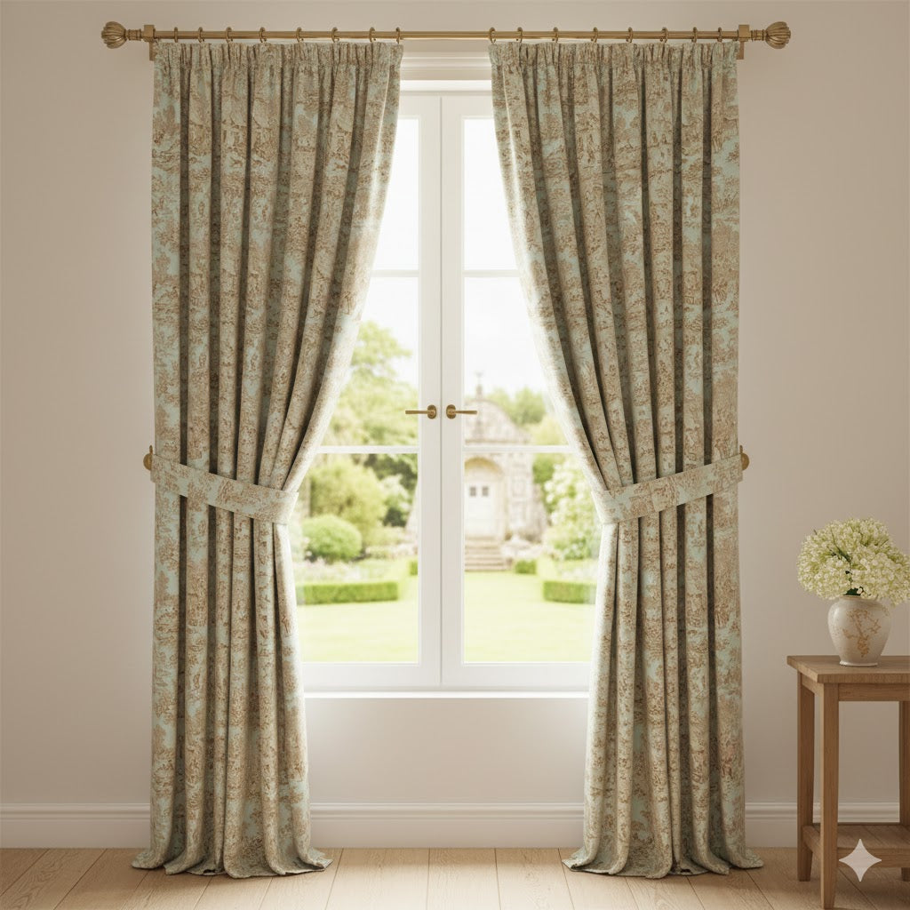 French Toile de Jouy Drapes - Pale Aqua & Sepia Pastoral Scene Curtains