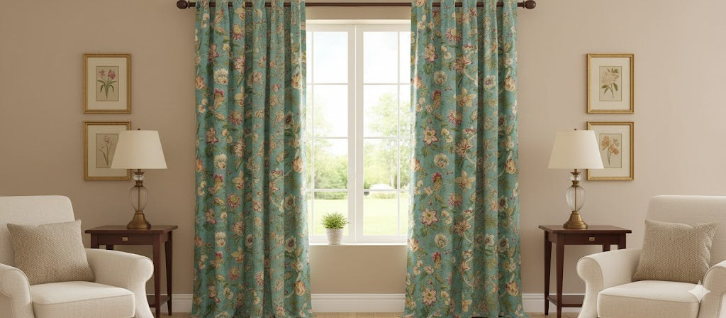 Custom Heritage Aqua Floral Curtains | Chinoiserie Print Pinch Pleat Drapes | Teal, Pink & Gold Botanical Window Panels
