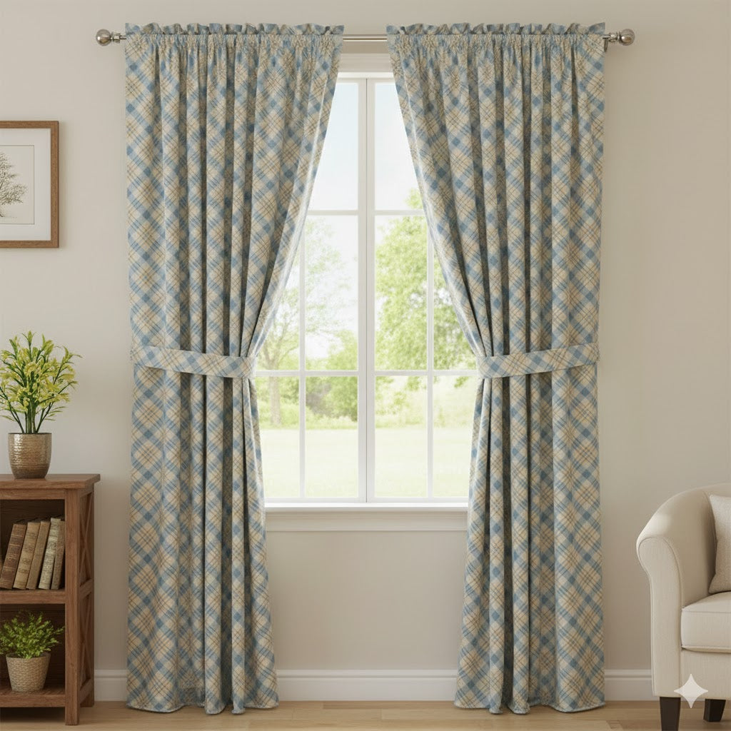 Cozy Cottage Sky Blue & Tan Plaid Curtains | Classic Diagonal Tartan Check Rod Pocket Drapes