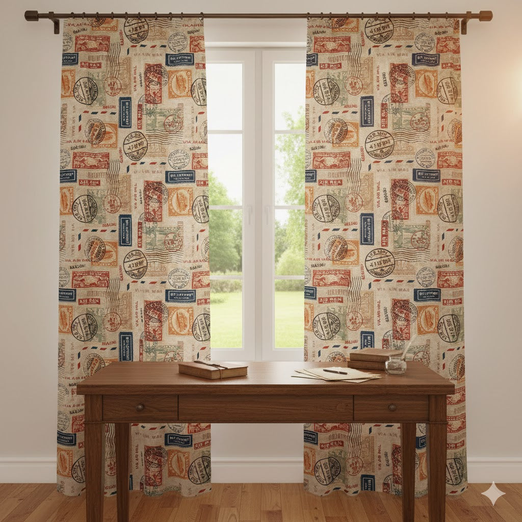 Vintage Air Mail Stamp Blackout Curtains - Retro Postal Theme Window Panels for Study & Living Room