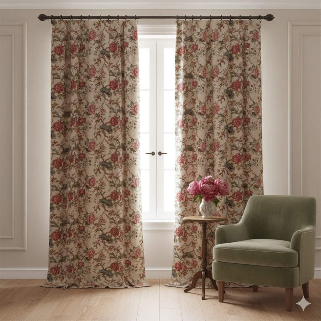 Luxury Chinoiserie Floral Curtains - Dusty Rose Peony & Sage Pine Toile Drapes