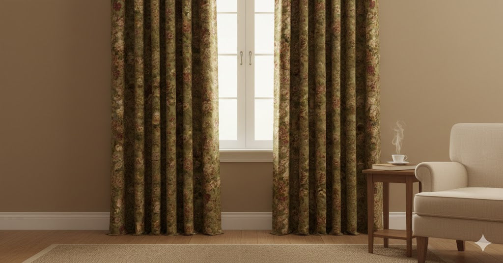 French Country Rose Floral Curtains | Olive Green & Dusty Pink Chintz Drapes