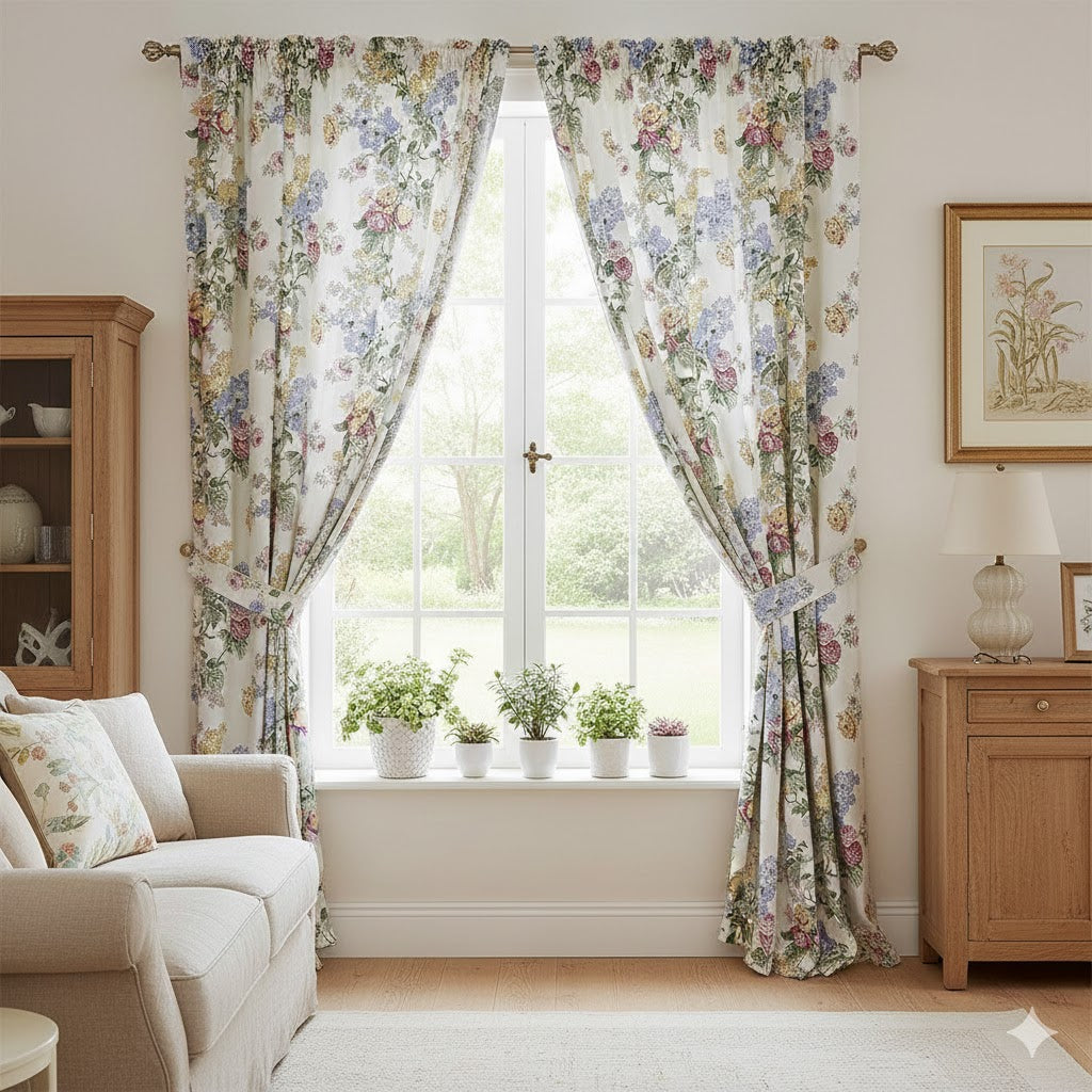 French Country Floral Curtains | Shabby Chic Roses & Lilac Print Window Drapes