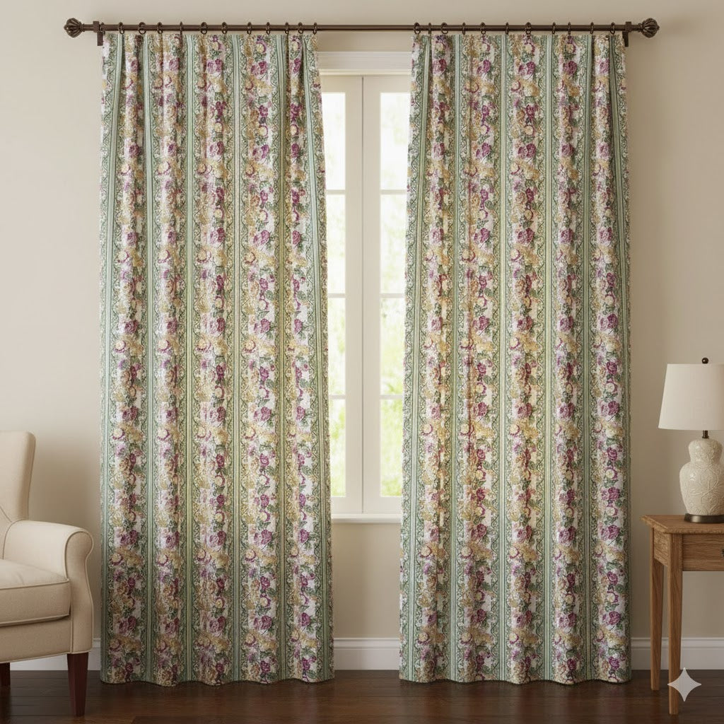 Vintage Damask Rose Stripe Curtains - Traditional Floral Blackout/Room Darkening Drapes