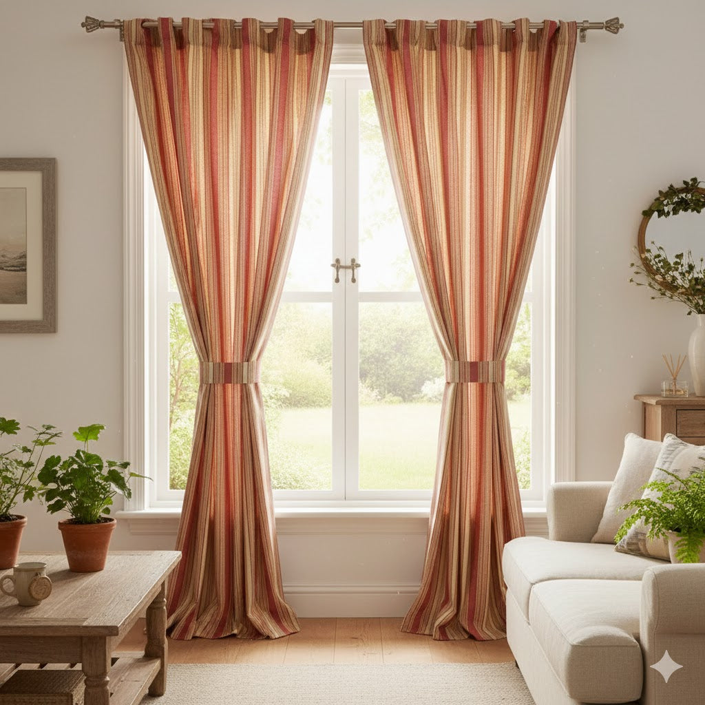 Rustic Red & Cream Stripe Eyelet Curtains - Classic Linen-Blend Ticking Style Drapes for Living Room