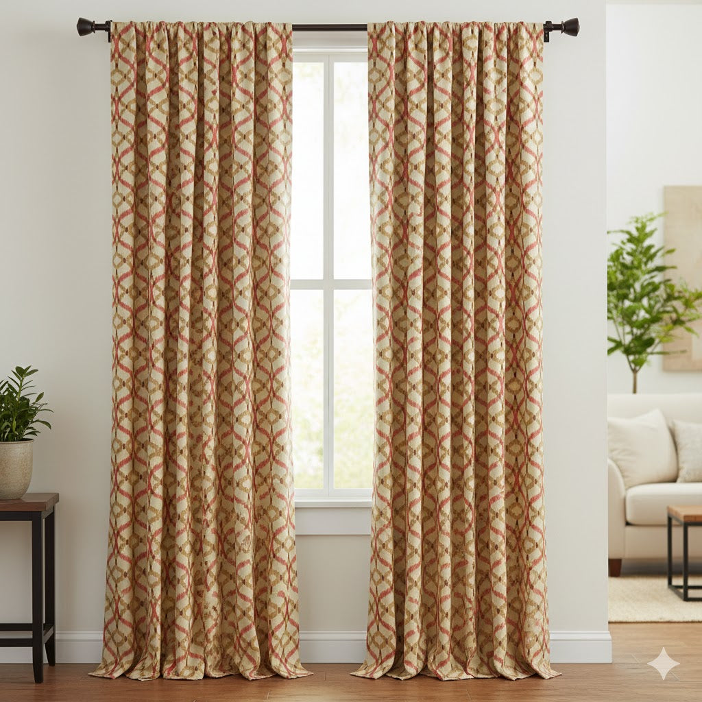 Ikat Ogee Trellis Print Window Curtains - Coral & Gold Bohemian Drapery Panels