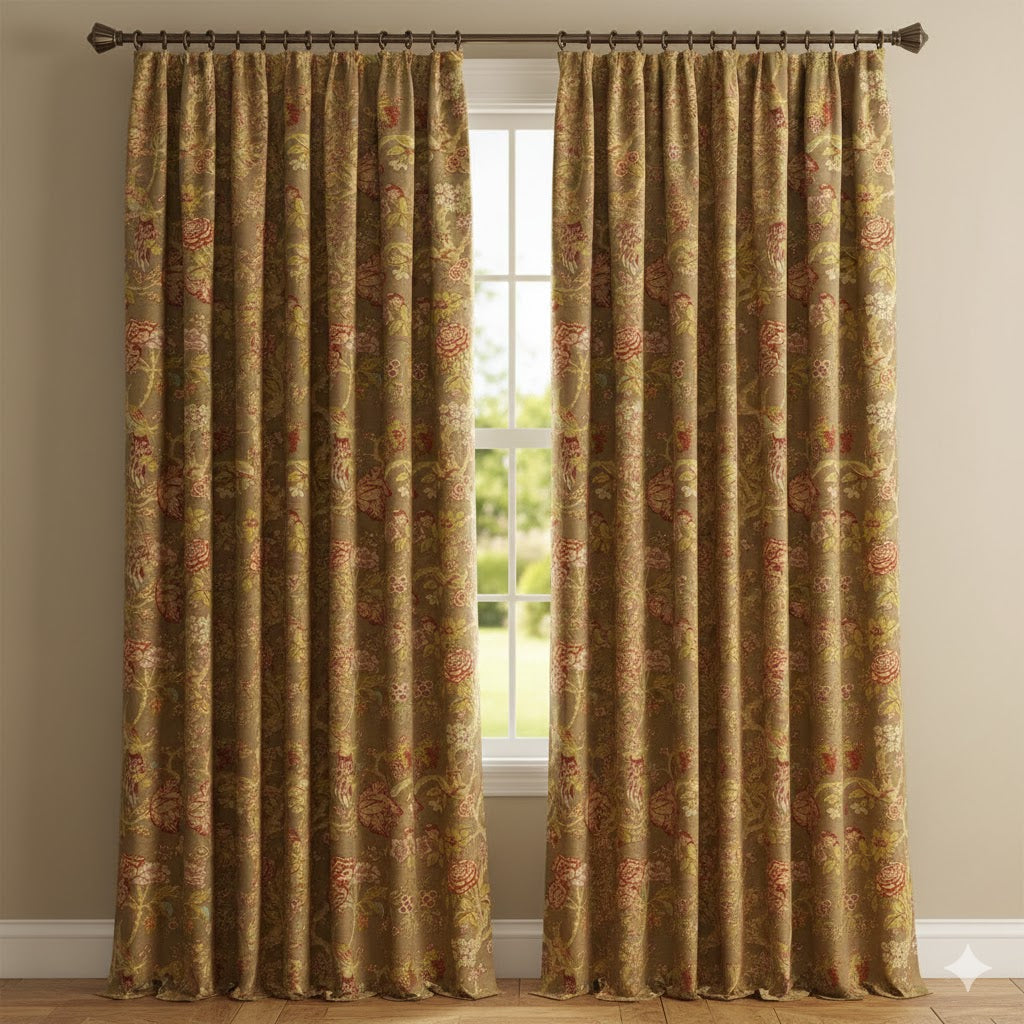 Luxury Chinoiserie Bird & Floral Custom Curtains - Tan Jacobean Designer Drapes