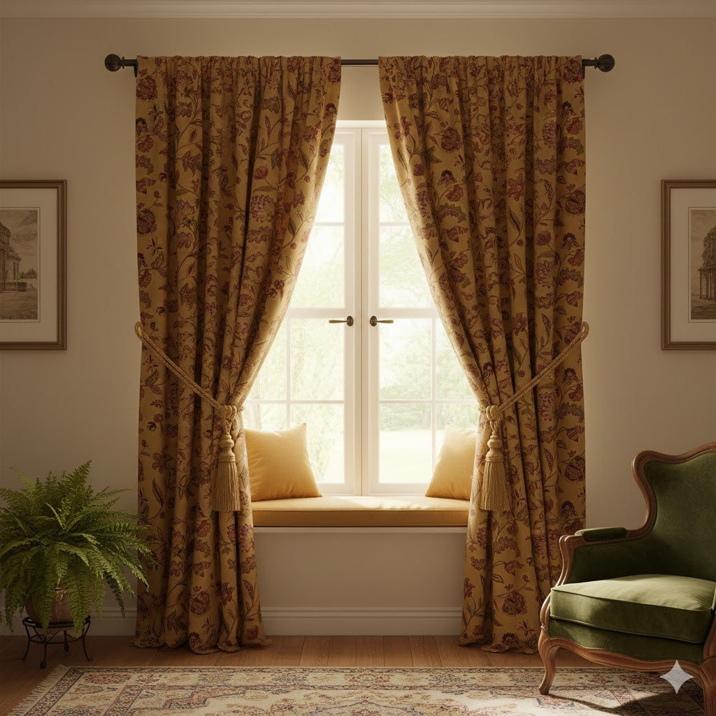 Kalamkari Mustard Gold Blackout Curtains | Rustic Indian Chintz Floral Drapes | Rod Pocket Custom Window Treatments