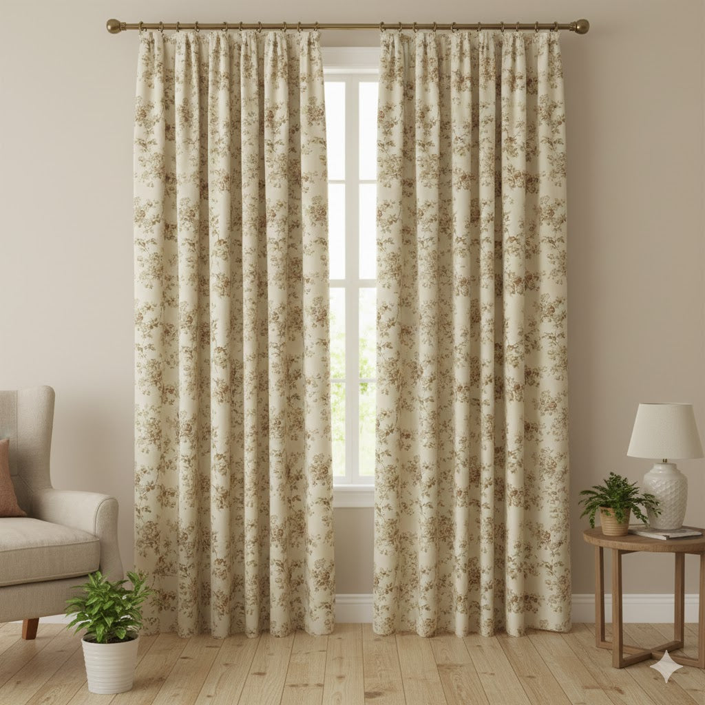 Vintage Cottage Rose Floral Curtains - Brown & Cream Print Panels