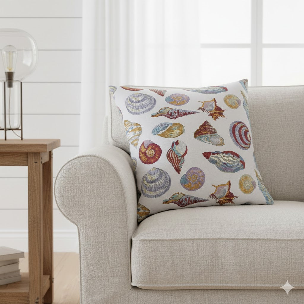 Vibrant Seashell Print Throw Pillow - Coastal Accent Cushion with Ocean Life Pattern