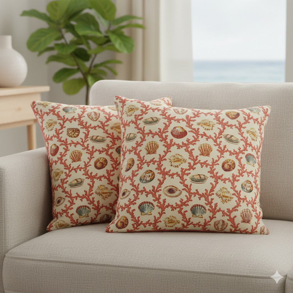 Coastal Coral & Seashell Print Throw Pillow Cover | Nautical Accent Cushion