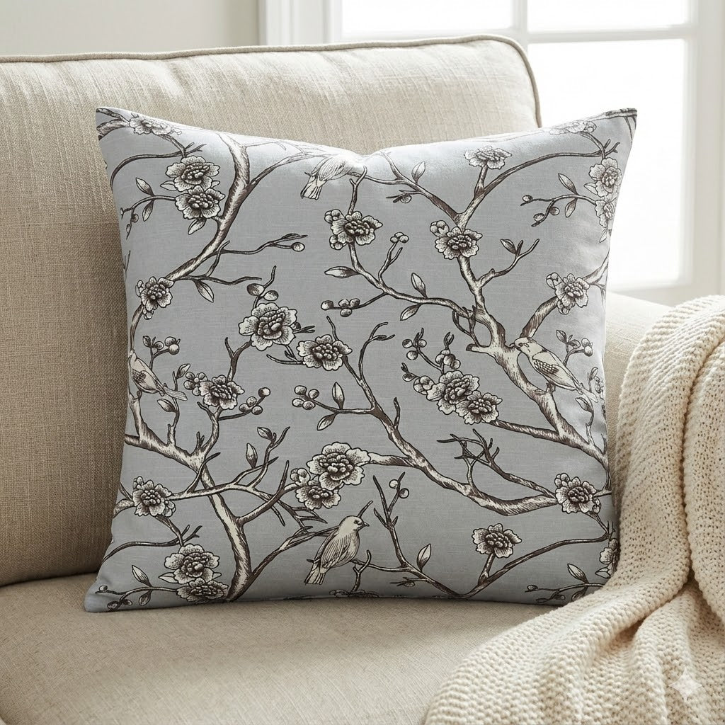 Chinoiserie Bird & Blossom Decorative Throw Pillow - Mist Blue & Sepia
