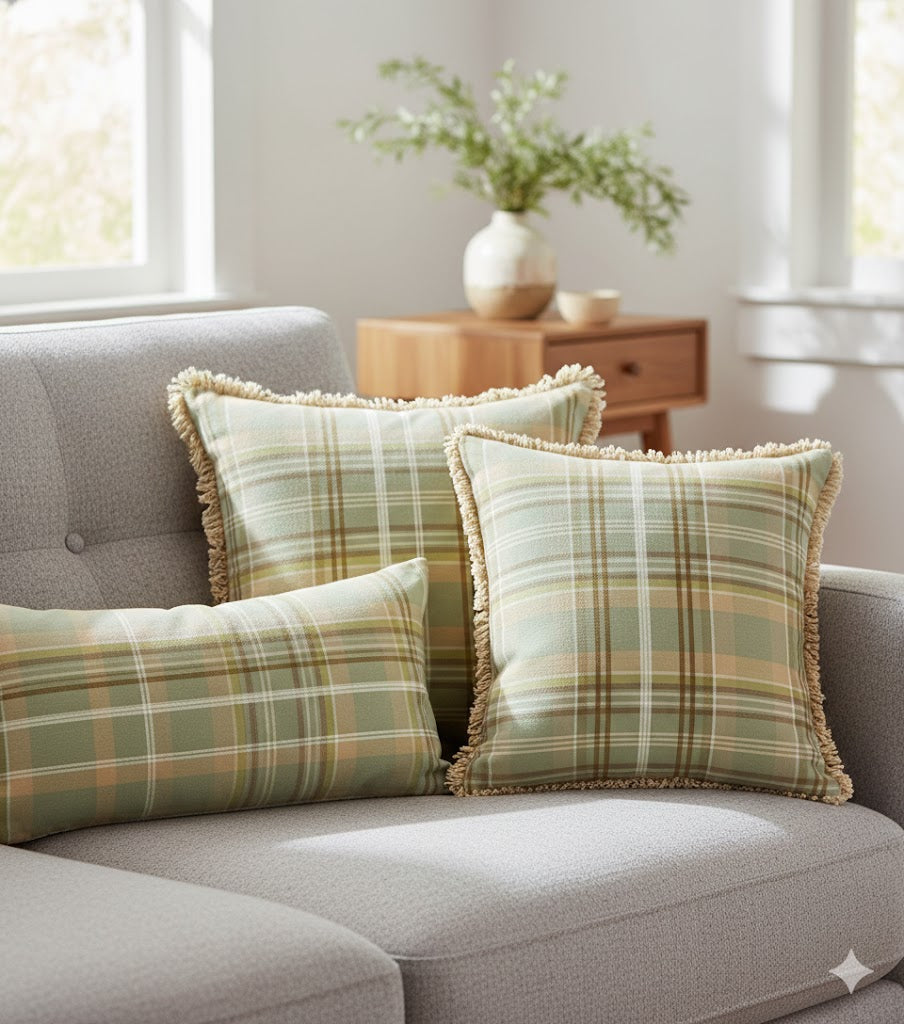 Earthy Plaid Decorative Throw Pillows - Sage Green & Taupe Cushion Covers