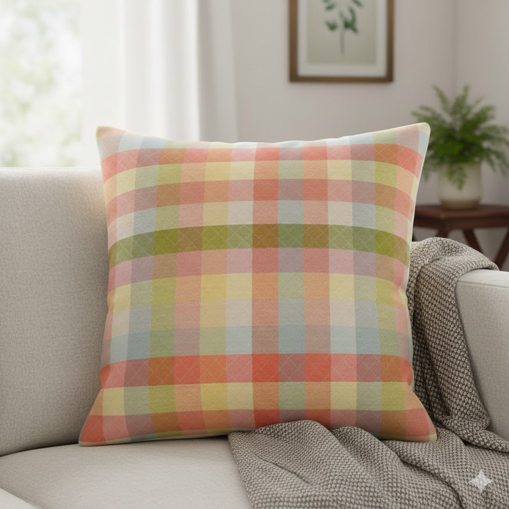 Pastel Plaid Throw Pillow - Soft Rainbow Check Decorative Cushion