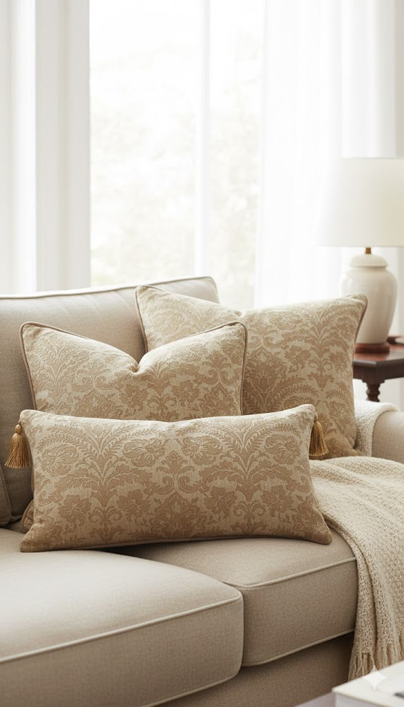 Luxurious Gold Beige Damask Throw Pillow - Decorative