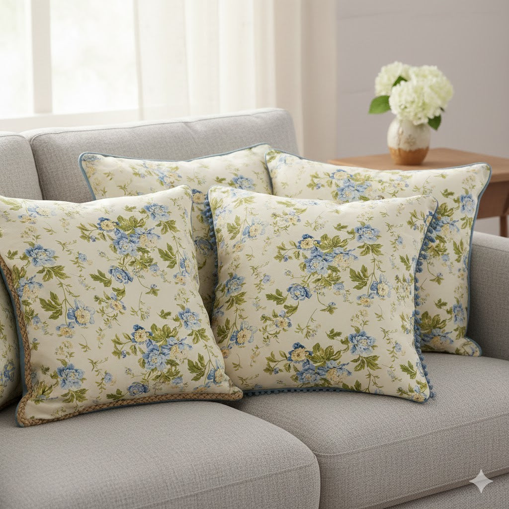 Vintage Blue Floral Peony Throw Pillow - Shabby Chic Cushion Cover