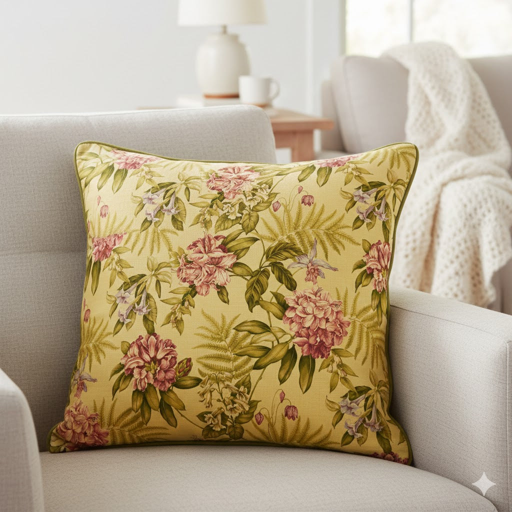 Vintage Grand Floral Throw Pillow - Pink Peony & Fern Design on Gold Yellow