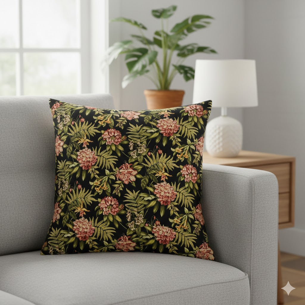 Lush Botanical Print Throw Pillow Cover - Dark Floral Fern & Peony Cushion