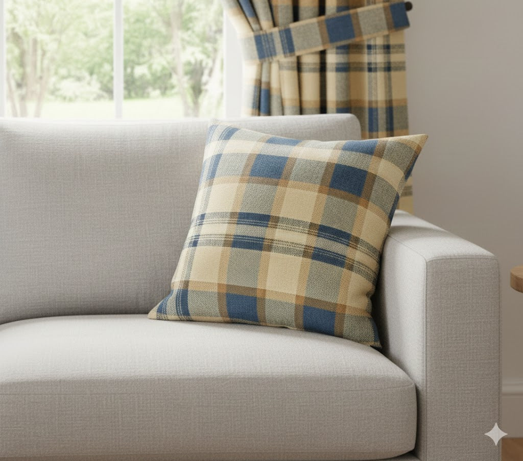Rustic Woven Plaid Throw Pillow - Navy, Tan & Cream Buffalo Check Cushion