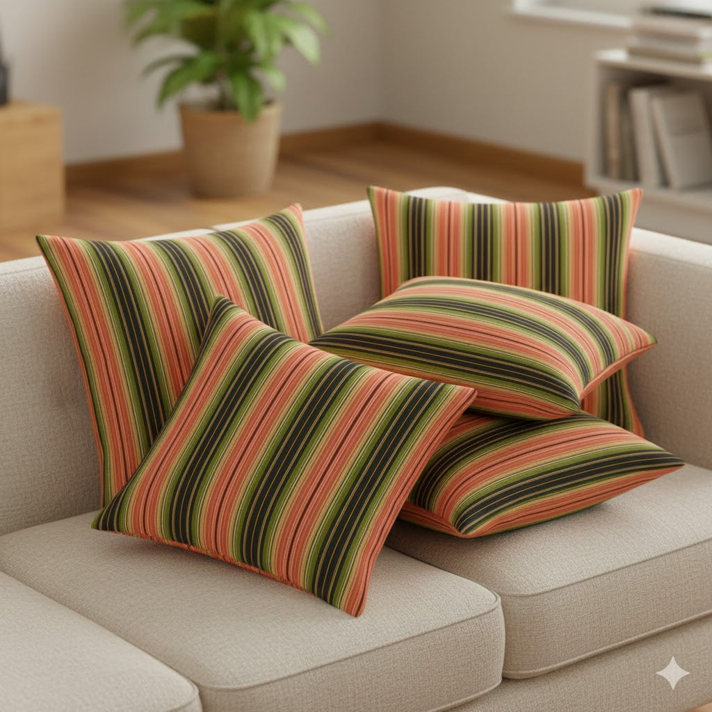 Designer Multi-Stripe Throw Pillow: Terracotta, Olive Green & Black Accent Cushion Cover
