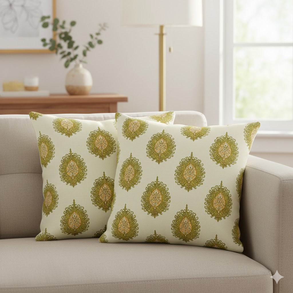 Elegant Olive Green & Gold Medallion Throw Pillow | Vintage Paisley Accent Cushion
