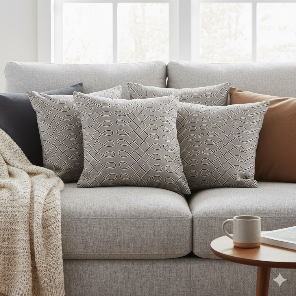 Modern Geometric Knotwork Throw Pillow - Neutral Gray & Black Decorative Accent Cushion